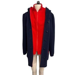 Vintage Navy Blue Wool Coat With Red Fleece Lining and Hood, Fundraiser for Sust